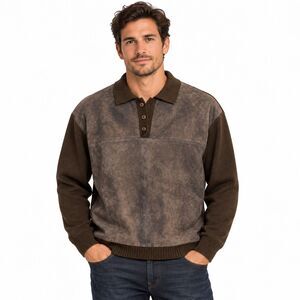 Country Leather Mens XL Brown Genuine Leather Knit Pullover Sweater
